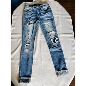 Indigo Rein Jeans Womens Size 1 Blue Mid Rise Skinny Distressed 24x27